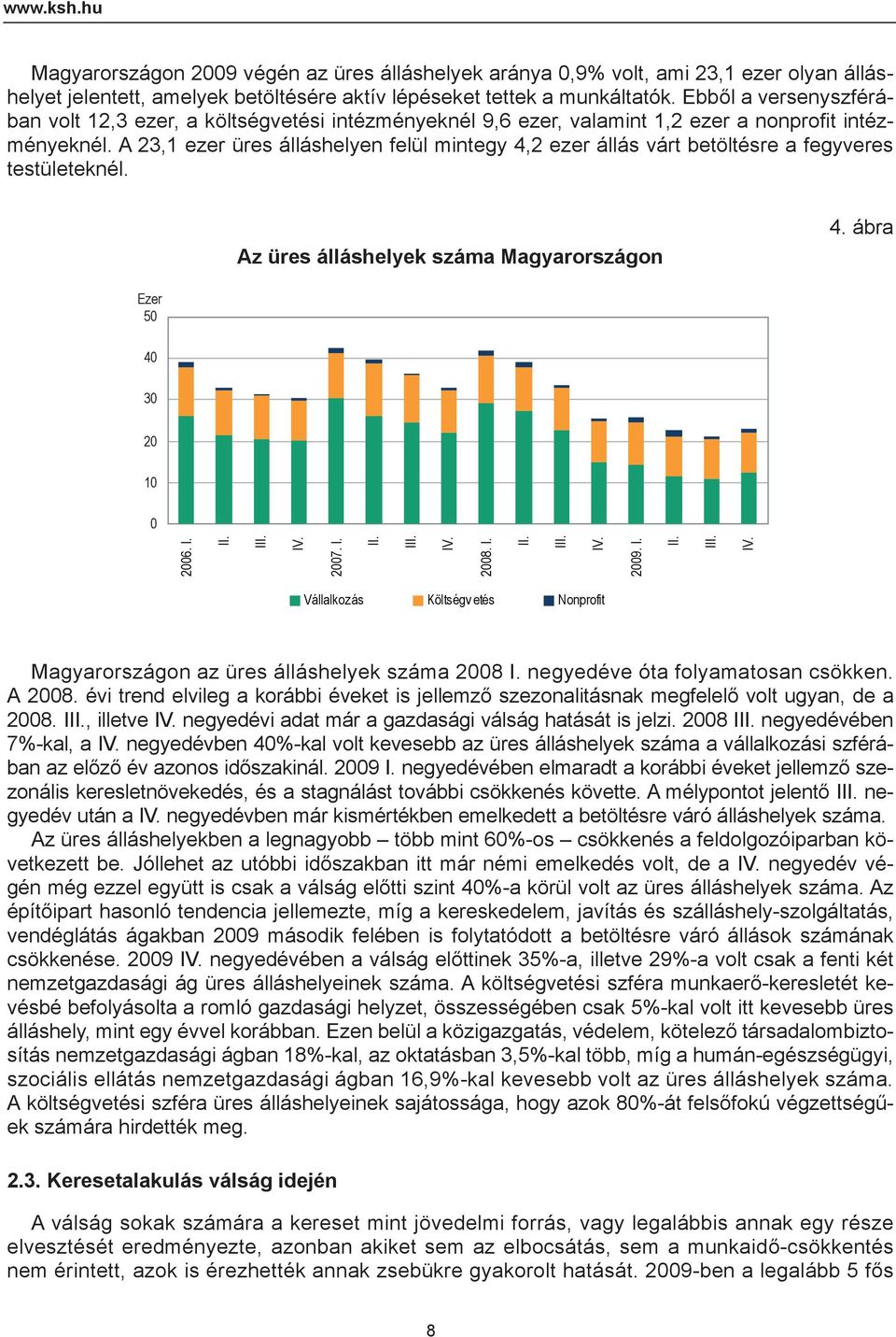 A 23,1 ezer üres álláshelyen felül mintegy 4,2 ezer állás várt betöltésre a fegyveres testületeknél. Az üres álláshelyek száma Magyarországon 4. ábra Ezer 50 40 30 20 10 0 2006. I. II. III. IV. 2007.