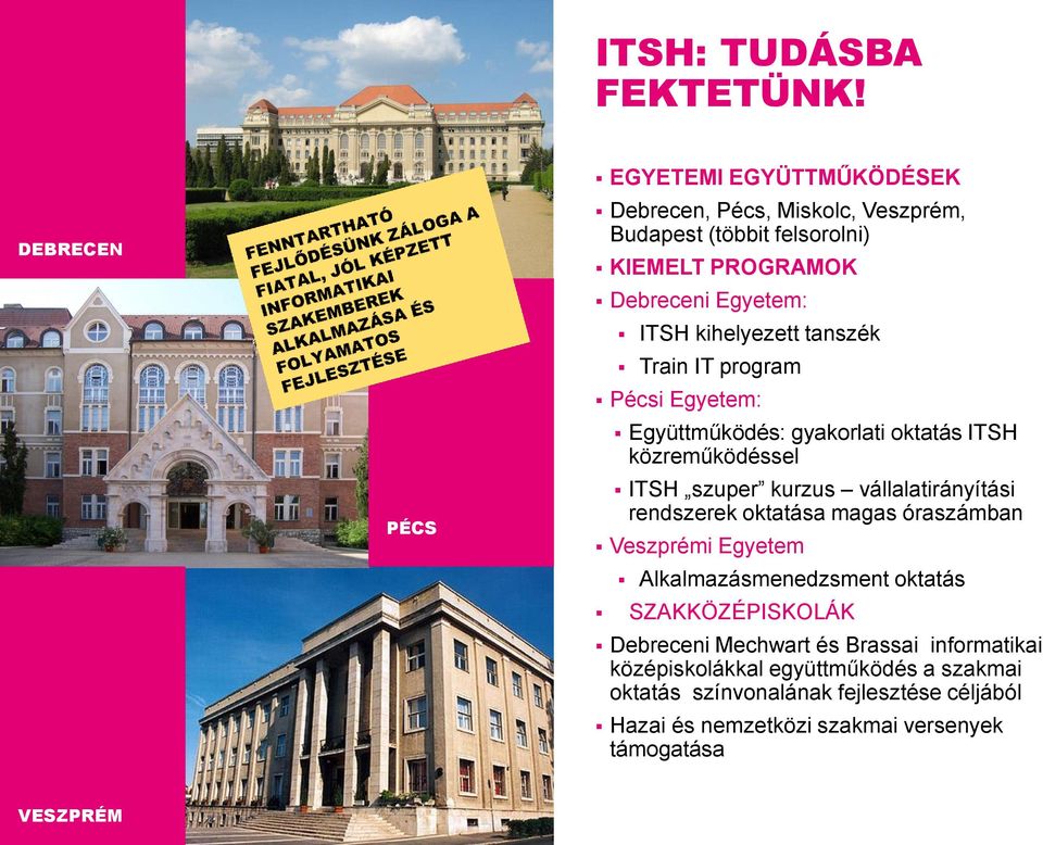 kihelyezett tanszék Train IT program Pécsi Egyetem: Együttműködés: gyakorlati oktatás ITSH közreműködéssel ITSH szuper kurzus vállalatirányítási