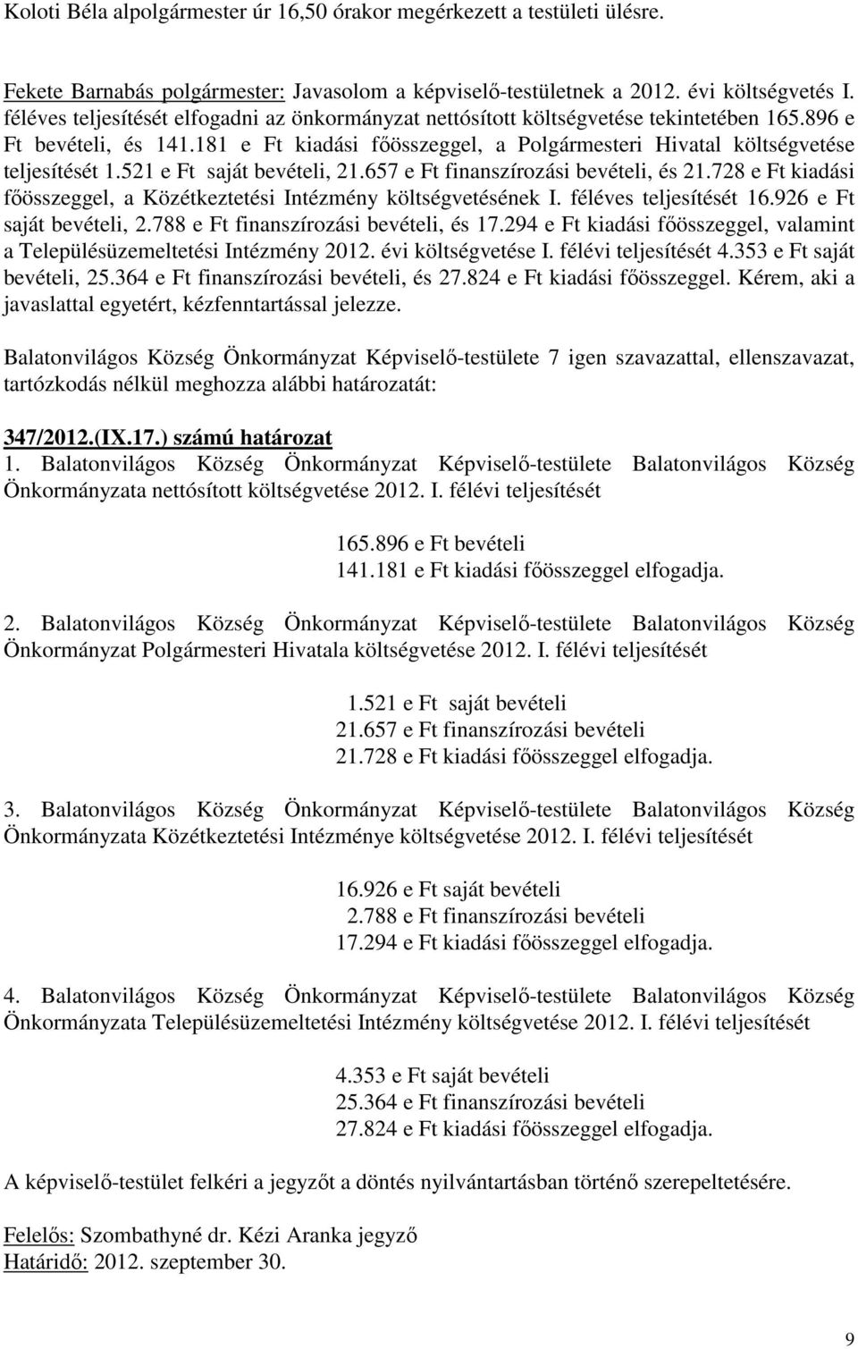 521 e Ft saját bevételi, 21.657 e Ft finanszírozási bevételi, és 21.728 e Ft kiadási főösszeggel, a Közétkeztetési Intézmény költségvetésének I. féléves teljesítését 16.926 e Ft saját bevételi, 2.