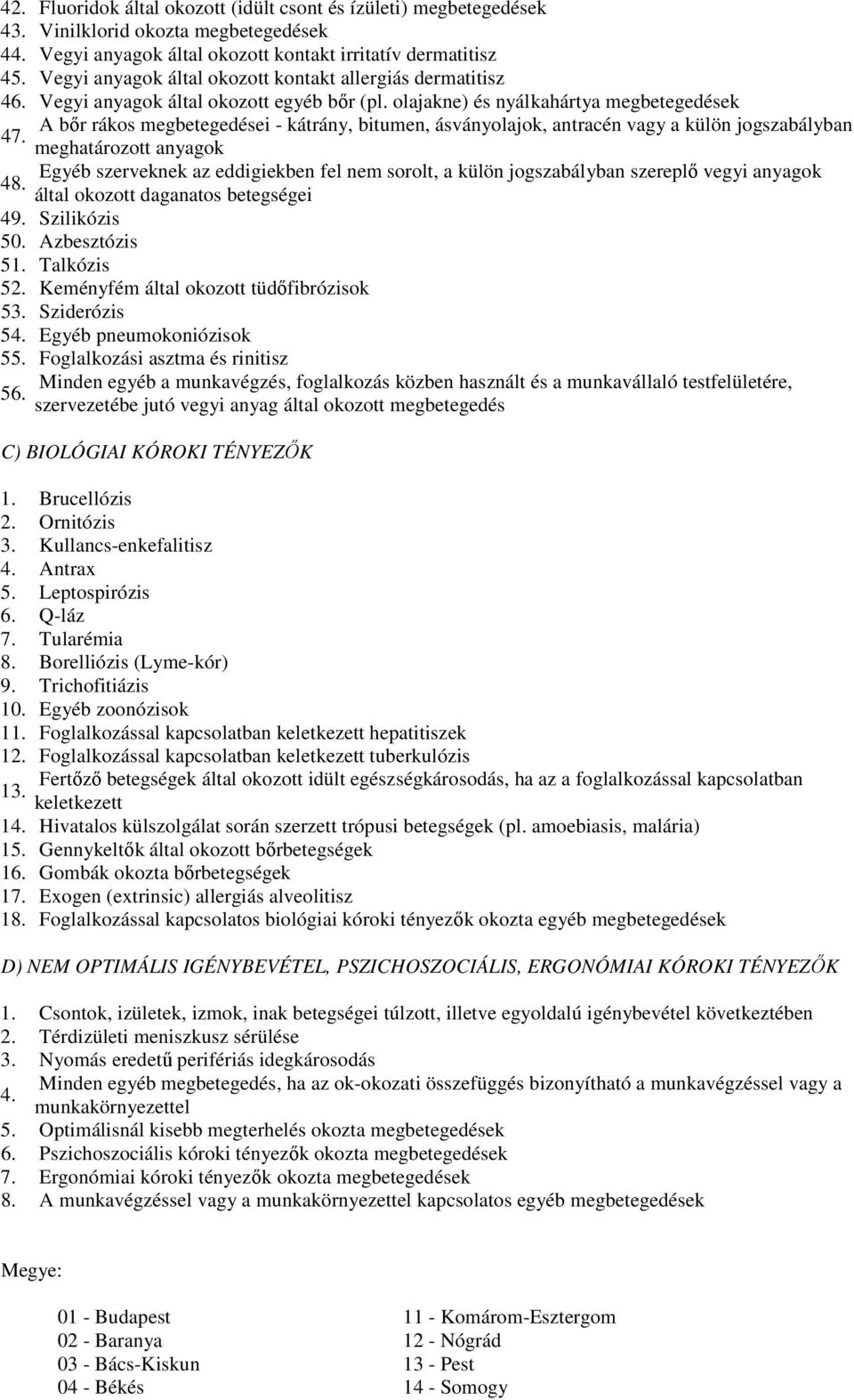 olajakne) és nyálkahártya megbetegedések A bőr rákos megbetegedései - kátrány, bitumen, ásványolajok, antracén vagy a külön jogszabályban 47. 48.