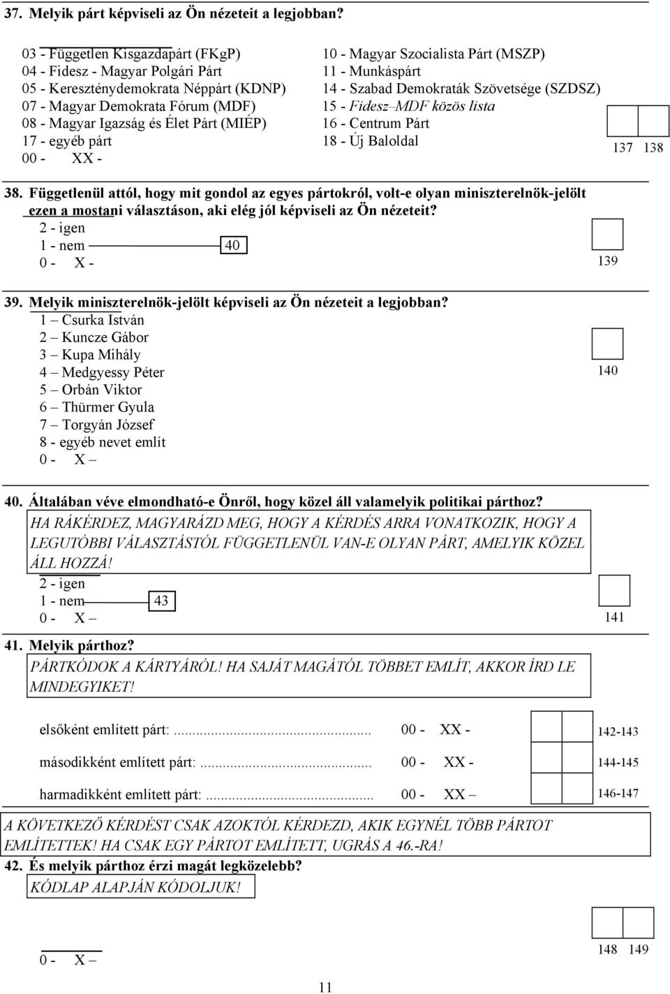 (SZDSZ) 07 - Magyar Demokrata Fórum (MDF) 15 - Fidesz MDF közös lista 08 - Magyar Igazság és Élet Párt (MIÉP) 16 - Centrum Párt 17 - egyéb párt 18 - Új Baloldal 00 - XX - 137 138 38.