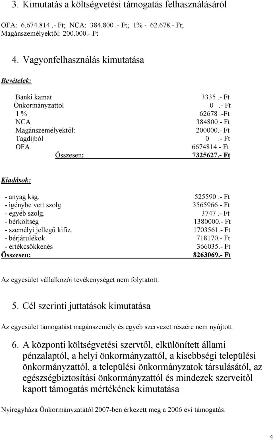 - Ft Kiadások: - anyag ksg. 525590.- Ft - igénybe vett szolg. 3565966.- Ft - egyéb szolg. 3747.- Ft - bérköltség 1380000.- Ft - személyi jellegű kifiz. 1703561.- Ft - bérjárulékok 718170.