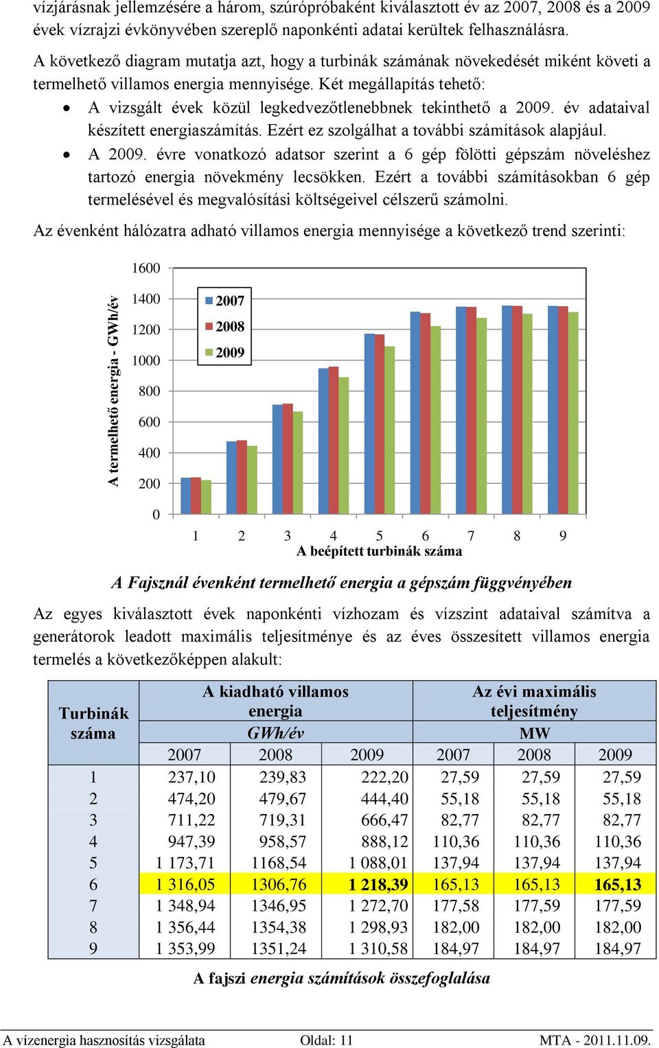 Két megállapítás tehető: A vizsgált évek közül legkedvezőtlenebbnek tekinthető a 2009. év adataival készített energiaszámítás. Ezért ez szolgálhat a további számítások alapjául. A 2009.