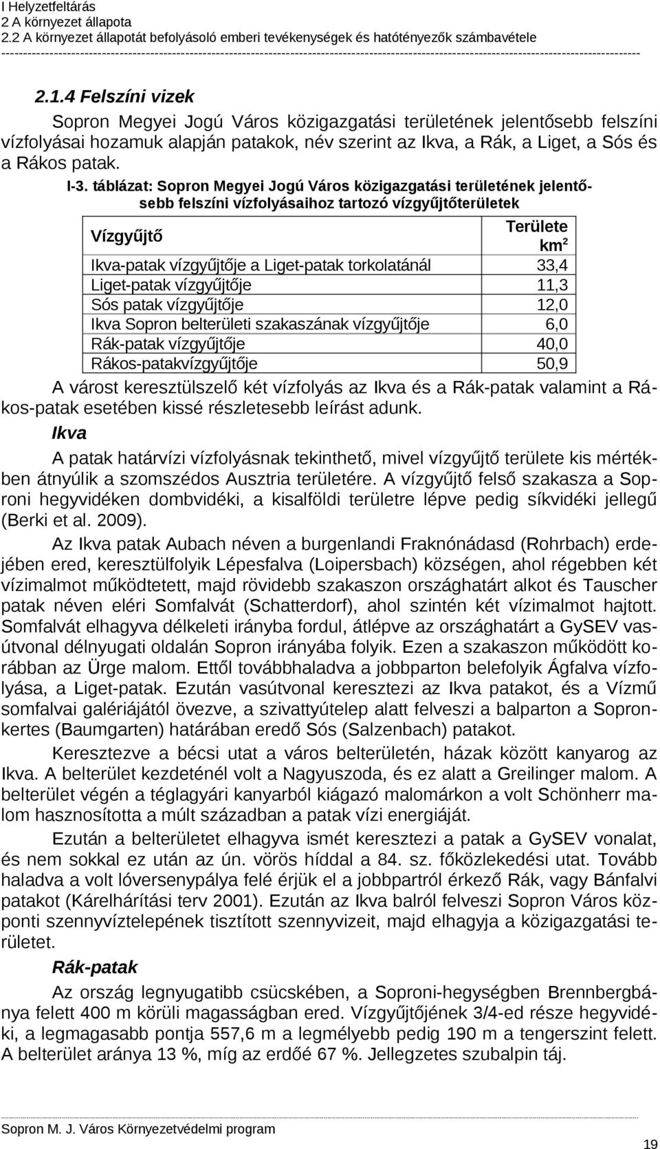 vízgyűjtője Sós patak vízgyűjtője Ikva Sopron belterületi szakaszának vízgyűjtője Rák-patak vízgyűjtője Rákos-patakvízgyűjtője Területe km2 33,4,3 2,0 6,0 40,0 50,9 A várost keresztülszelő két