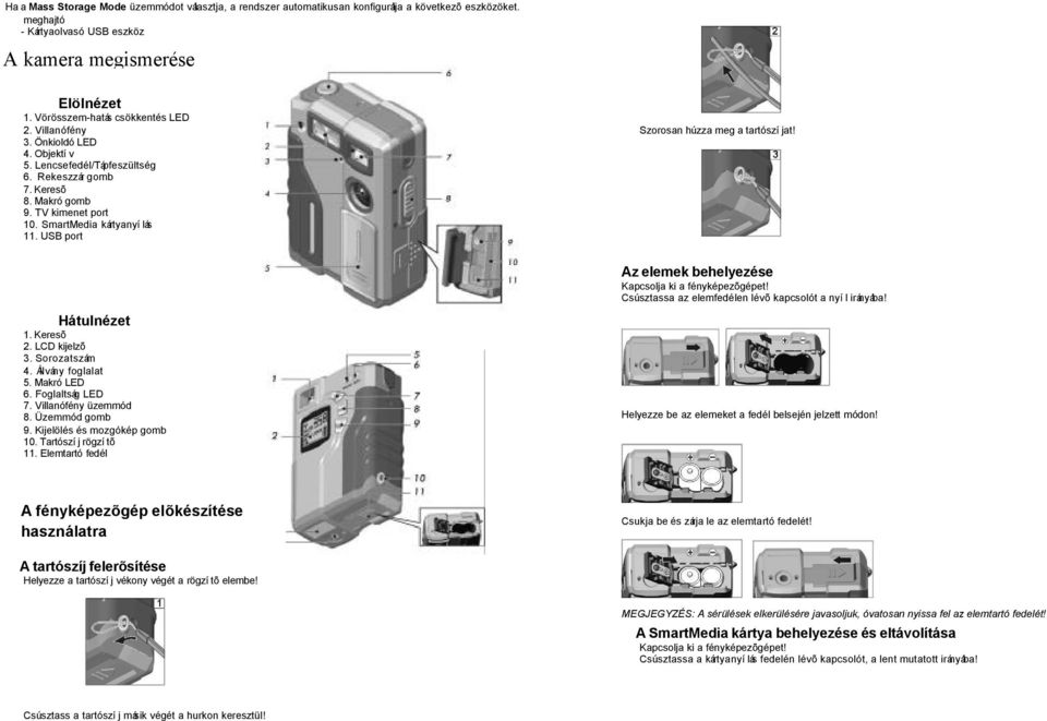 USB port Szorosan húzza meg a tartószíjat! Az elemek behelyezése Kapcsolja ki a fényképezõgépet! Csúsztassa az elemfedélen lévõ kapcsolót a nyíl irányába! Hátulnézet 1. Keresõ 2. LCD kijelzõ 3.