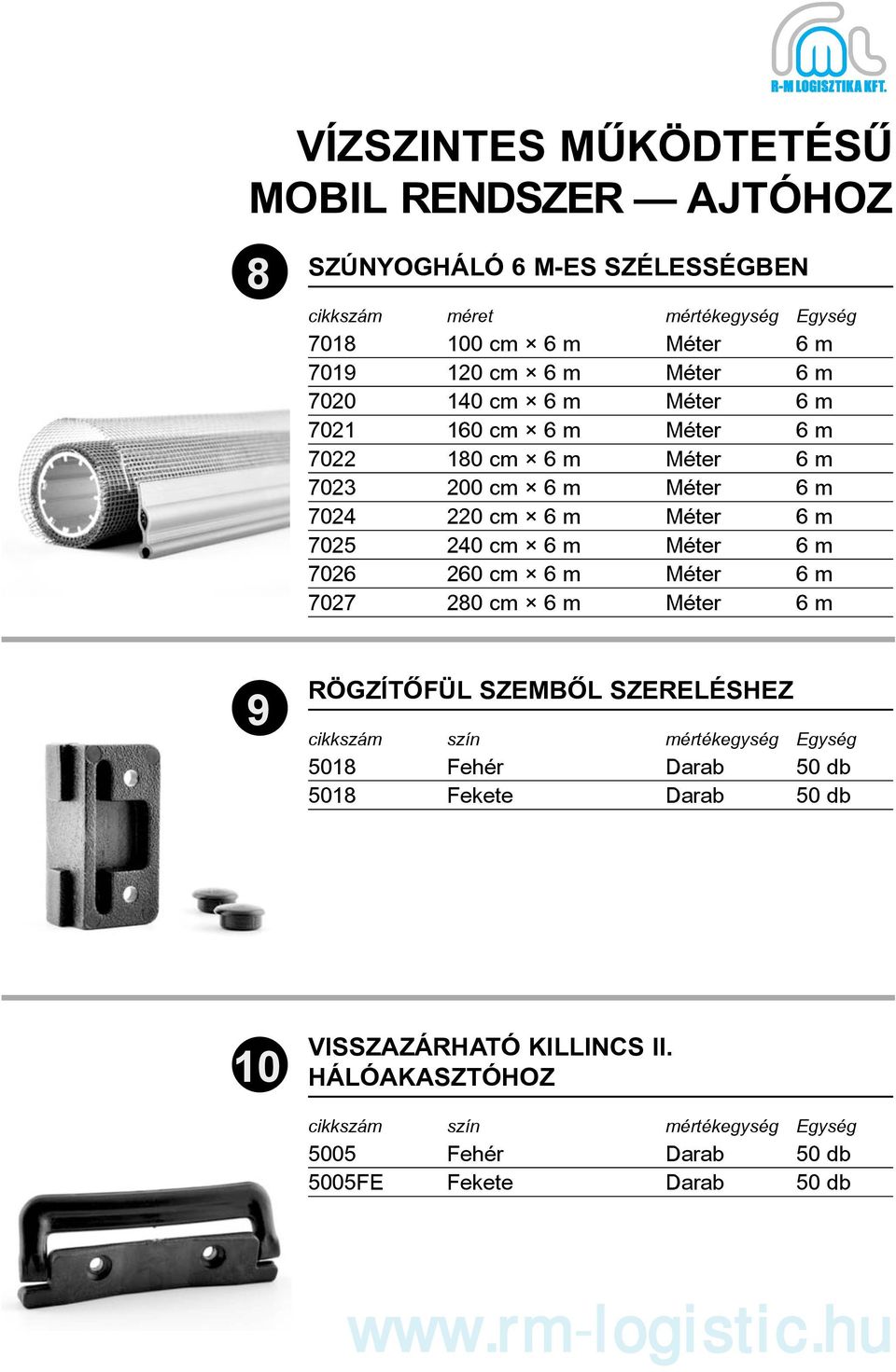 7024 220 cm 6 m Méter 6 m 7025 240 cm 6 m Méter 6 m 7026 260 cm 6 m Méter 6 m 7027 280 cm 6 m Méter 6 m 9 RÖGZÍTÕFÜL SZEMBÕL SZERELÉSHEZ