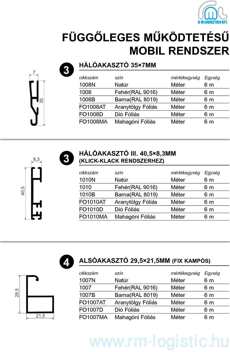 40,5 8,3MM (KLICK-KLACK RENDSZERHEZ) 1010N Natúr Méter 6 m 1010 Fehér(RAL 9016) Méter 6 m 1010B Barna(RAL 8019) Méter 6 m FO1010AT Aranytölgy Fóliás Méter 6 m FO1010D Dió Fóliás