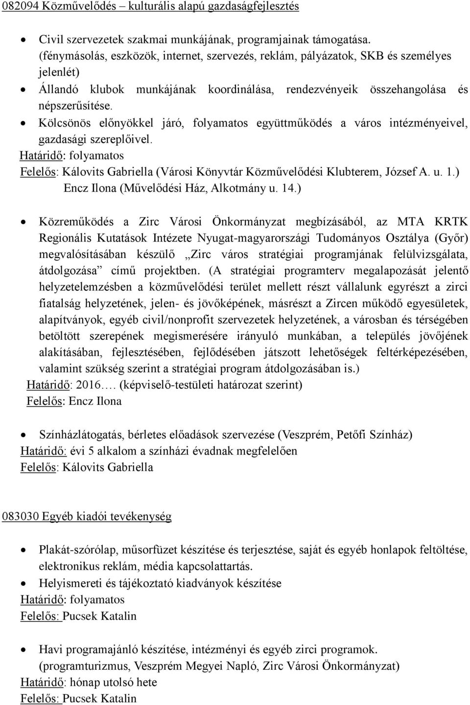 Kölcsönös előnyökkel járó, folyamatos együttműködés a város intézményeivel, gazdasági szereplőivel. Felelős: Kálovits Gabriella (Városi Könyvtár Közművelődési Klubterem, József A. u. 1.