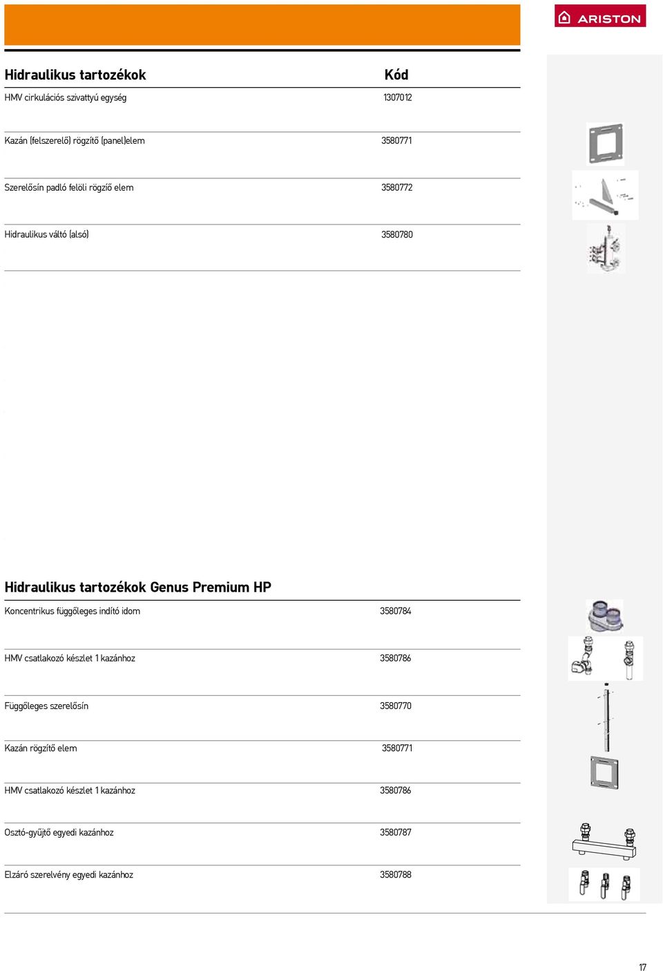 függőleges indító idom 3580784 HMV csatlakozó készlet 1 kazánhoz 3580786 Függőleges szerelősín 3580770 Kazán rögzítő elem