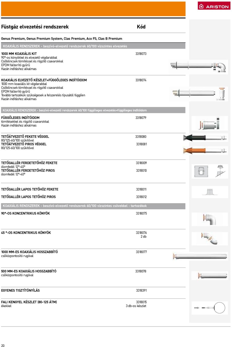 koaxiális kit végdarabbal Csőbilincsek tömítéssel és rögzítő csavarokkal EPDM falborító gyűrű További tartozékok szükségesek a felszerelés típusától függően Kazán indításhoz alkalmas Koaxiális