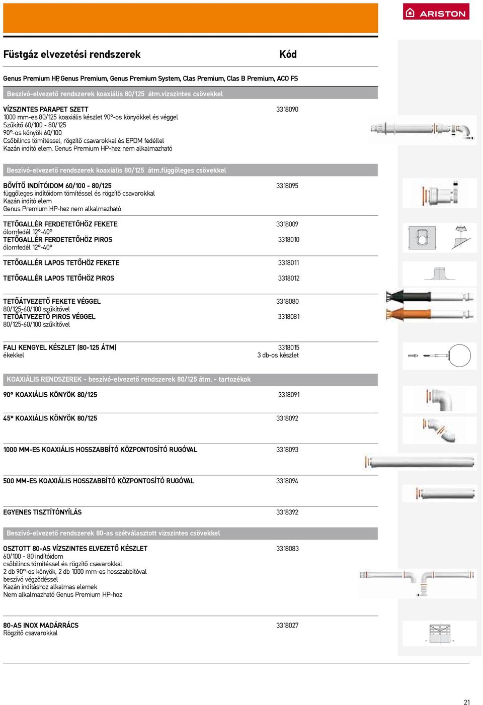 csavarokkal és EPDM fedéllel Kazán indító elem. Genus Premium HP-hez nem alkalmazható Beszívó-elvezető rendszerek koaxiális 80/125 átm.