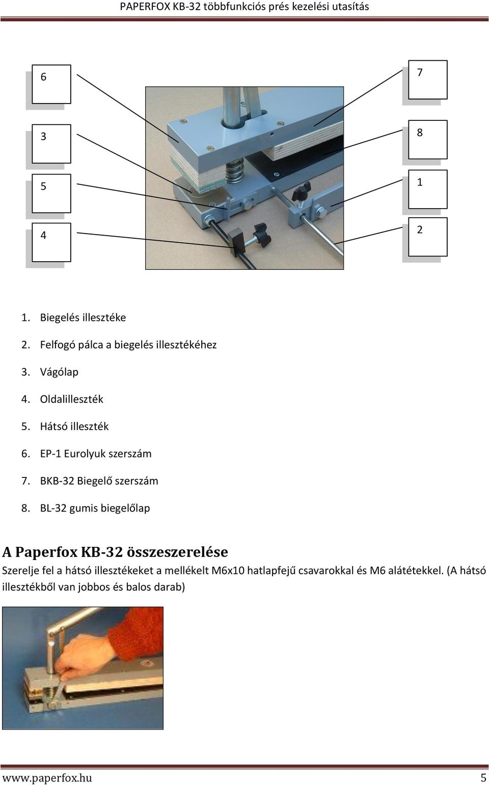 BL-32 gumis biegelőlap A Paperfox KB-32 összeszerelése Szerelje fel a hátsó illesztékeket a
