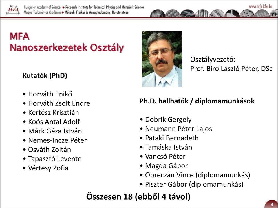 Nemes-Incze Péter Osváth Zoltán Tapasztó Levente Vértesy Zofia Összesen 18 (ebből 4 távol) Ph.D.