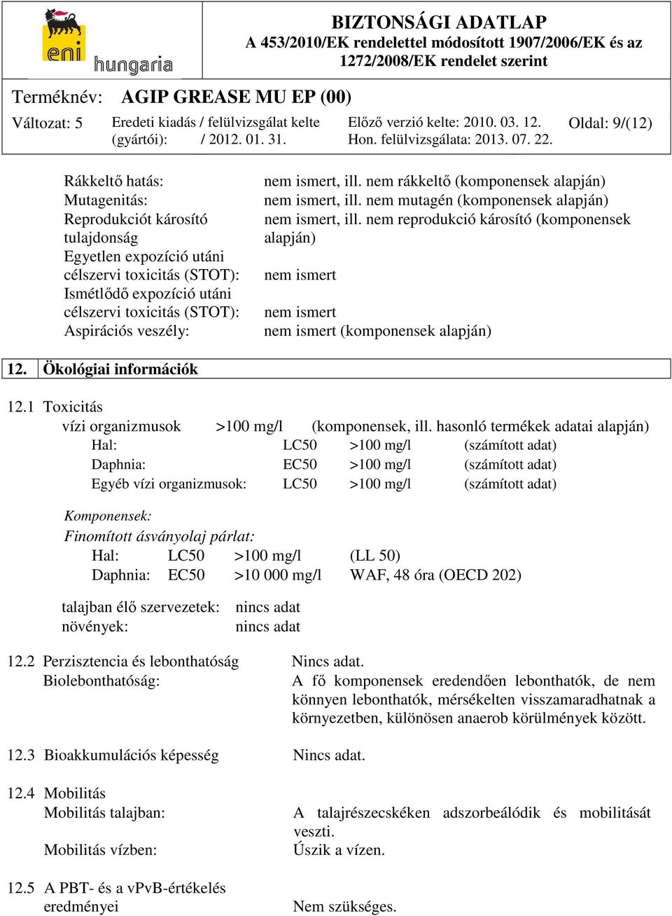 nem reprodukció károsító (komponensek alapján) nem ismert nem ismert nem ismert (komponensek alapján) 12. Ökológiai információk 12.1 Toxicitás vízi organizmusok >100 mg/l (komponensek, ill.