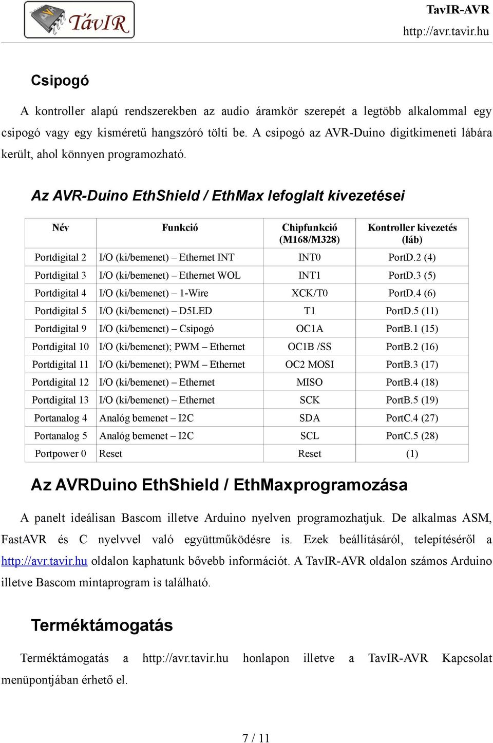 Az AVR-Duino EthShield / EthMax lefoglalt kivezetései Név Funkció Chipfunkció (M168/M328) Kontroller kivezetés (láb) Portdigital 2 I/O (ki/bemenet) Ethernet INT INT0 PortD.