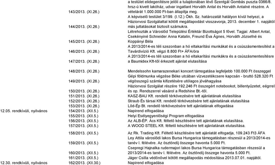 határozatát hatályon kívül helyezi, a Háziorvosi Szolgálattal kötött megállapodást visszavonja, 2013. december 1. napjától más juttatásokat biztosít számukra.