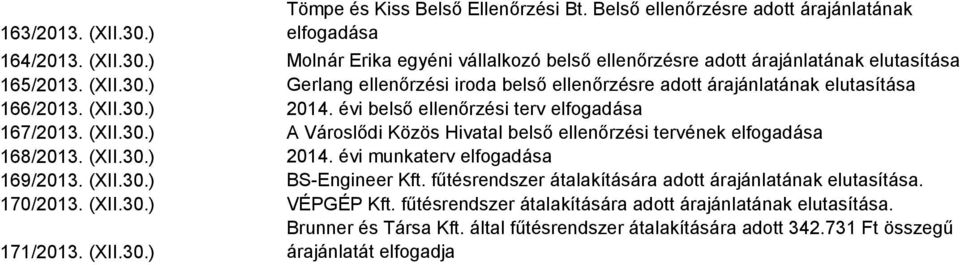 (XII.30.) 2014. évi munkaterv elfogadása 169/2013. (XII.30.) BS-Engineer Kft. fűtésrendszer átalakítására adott árajánlatának elutasítása. 170/2013. (XII.30.) VÉPGÉP Kft.