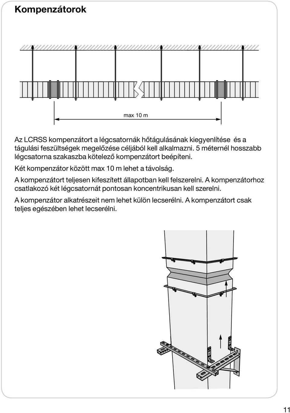 Két kompenzátor között max 10 m lehet a távolság. A kompenzátort teljesen kifeszített állapotban kell felszerelni.