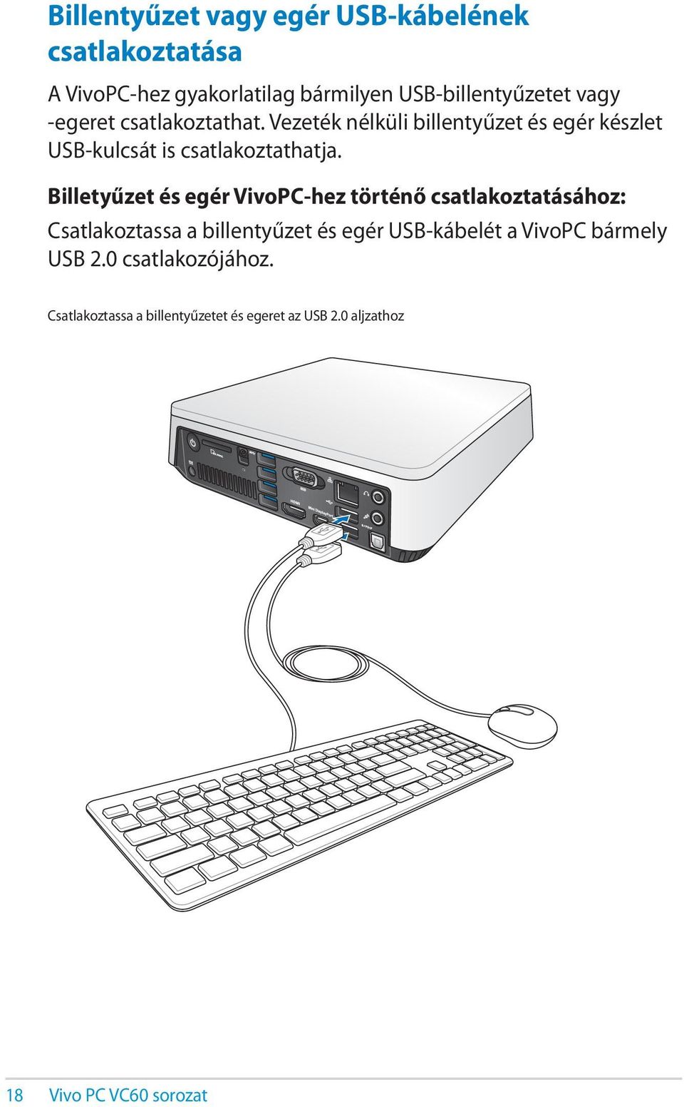 Billetyűzet és egér VivoPC-hez történő csatlakoztatásához: Csatlakoztassa a billentyűzet és egér USB-kábelét a