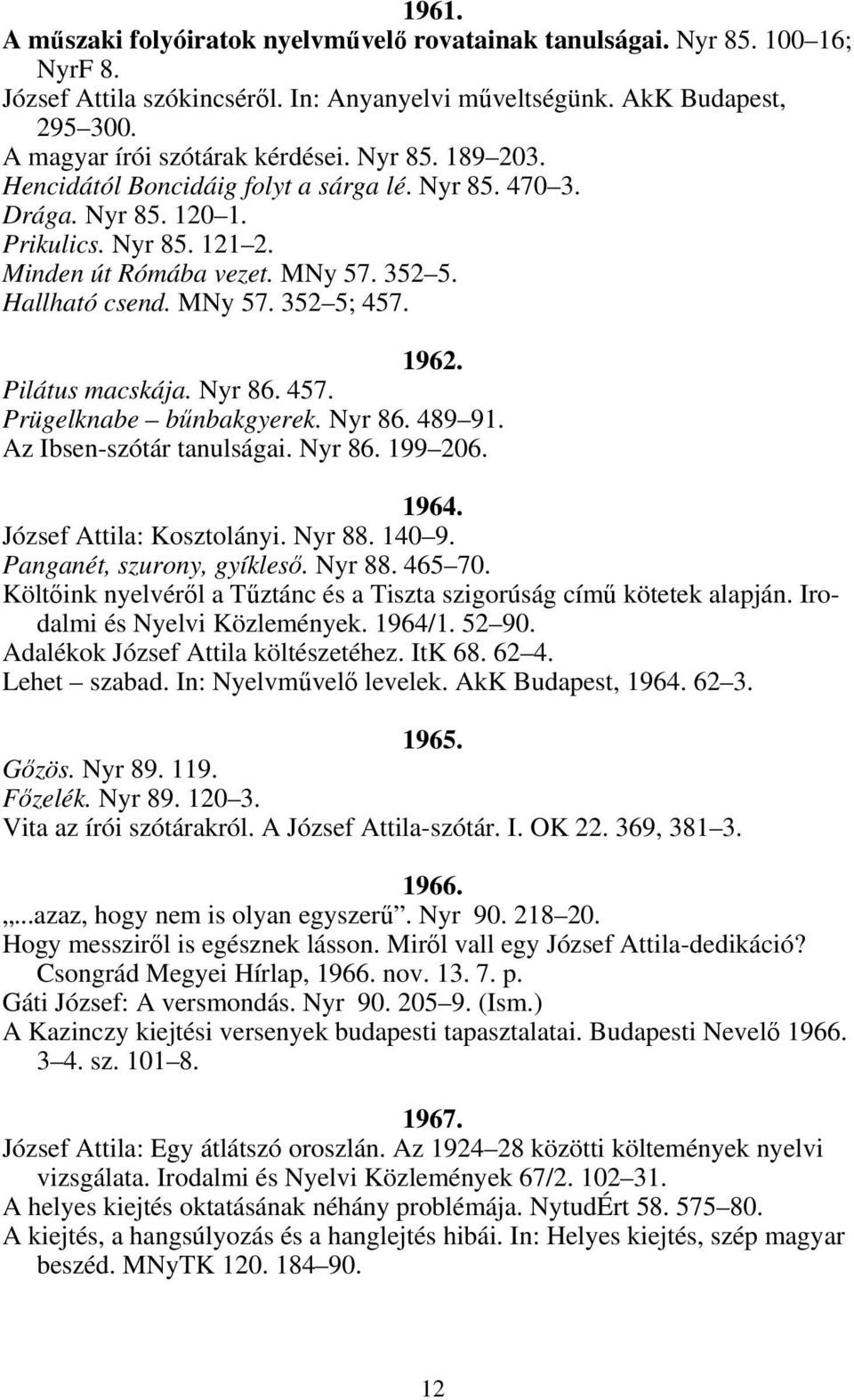 Pilátus macskája. Nyr 86. 457. Prügelknabe bűnbakgyerek. Nyr 86. 489 91. Az Ibsen-szótár tanulságai. Nyr 86. 199 206. 1964. József Attila: Kosztolányi. Nyr 88. 140 9. Panganét, szurony, gyíkleső.