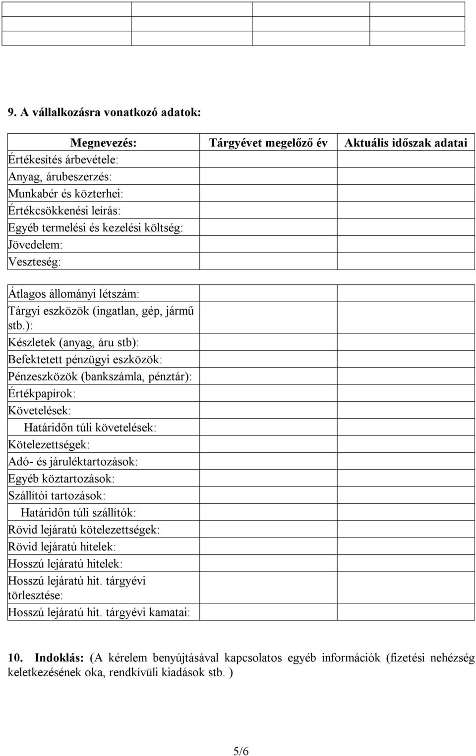 ): Készletek (anyag, áru stb): Befektetett pénzügyi eszközök: Pénzeszközök (bankszámla, pénztár): Értékpapírok: Követelések: Határidőn túli követelések: Kötelezettségek: Adó- és járuléktartozások: