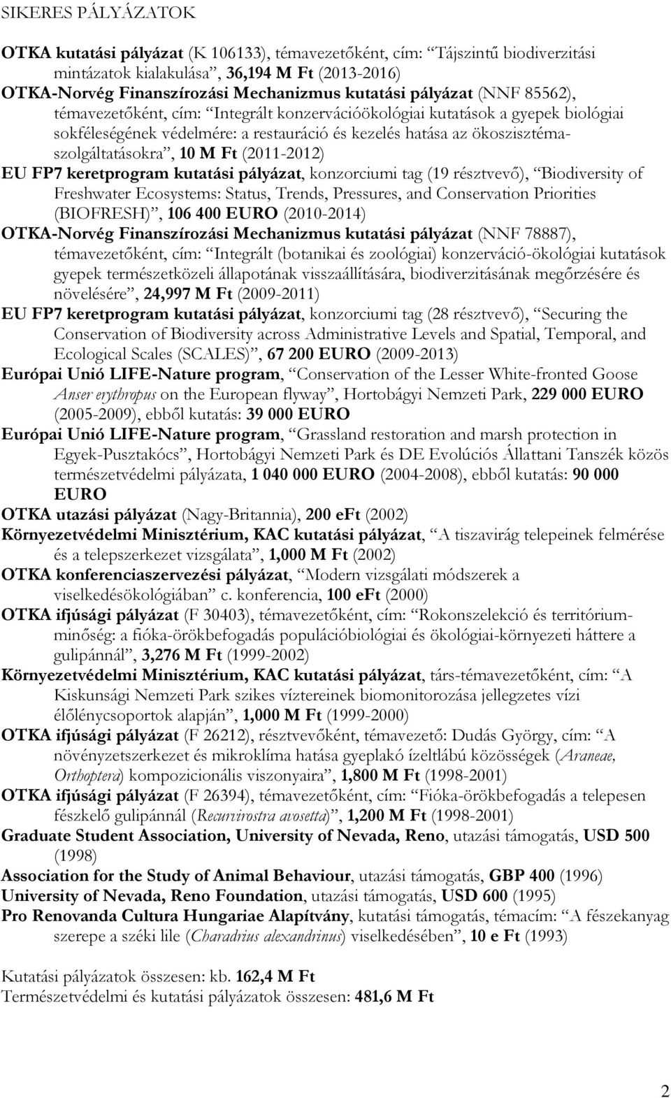 Ft (2011-2012) EU FP7 keretprogram kutatási pályázat, konzorciumi tag (19 résztvevő), Biodiversity of Freshwater Ecosystems: Status, Trends, Pressures, and Conservation Priorities (BIOFRESH), 106 400