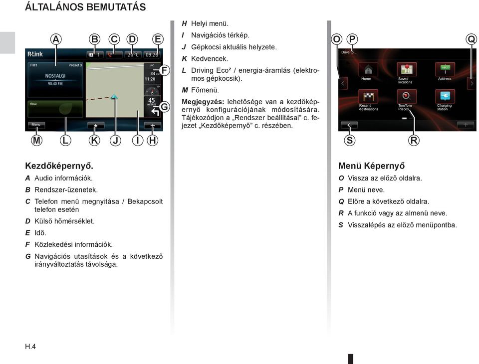 fejezet Kezdőképernyő c. részében. Drive to... S Home Recent destinations Saved locations TomTom Places R Address Charging station Kezdőképernyő. A Audio információk. B Rendszer-üzenetek.