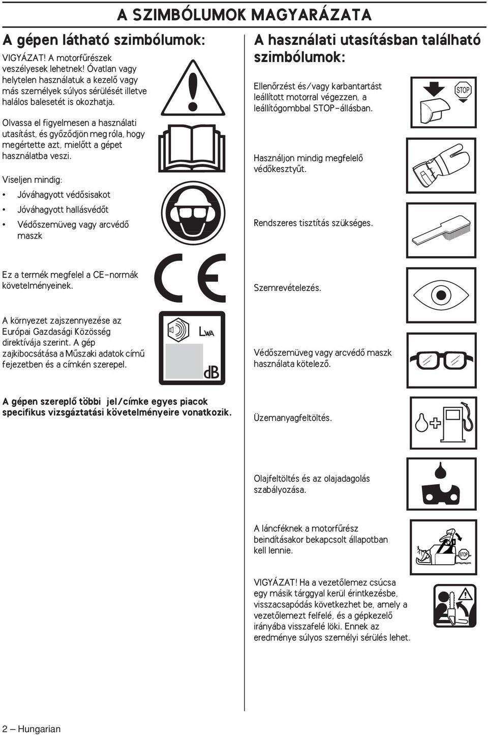 Viseljen mindig: Jóváhagyott védœsisakot Jóváhagyott hallásvédœt VédŒszemüveg vagy arcvédœ maszk A SZIMBÓLUMOK MAGYARÁZATA A használati utasításban található szimbólumok: EllenŒrzést és/vagy