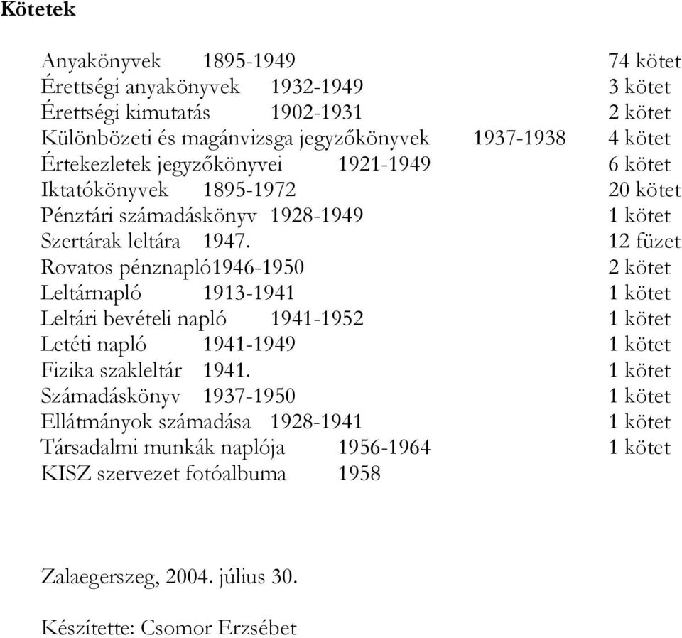 12 füzet Rovatos pénznapló1946-1950 2 kötet Leltárnapló 1913-1941 Leltári bevételi napló 1941-1952 Letéti napló 1941-1949 Fizika szakleltár 1941.