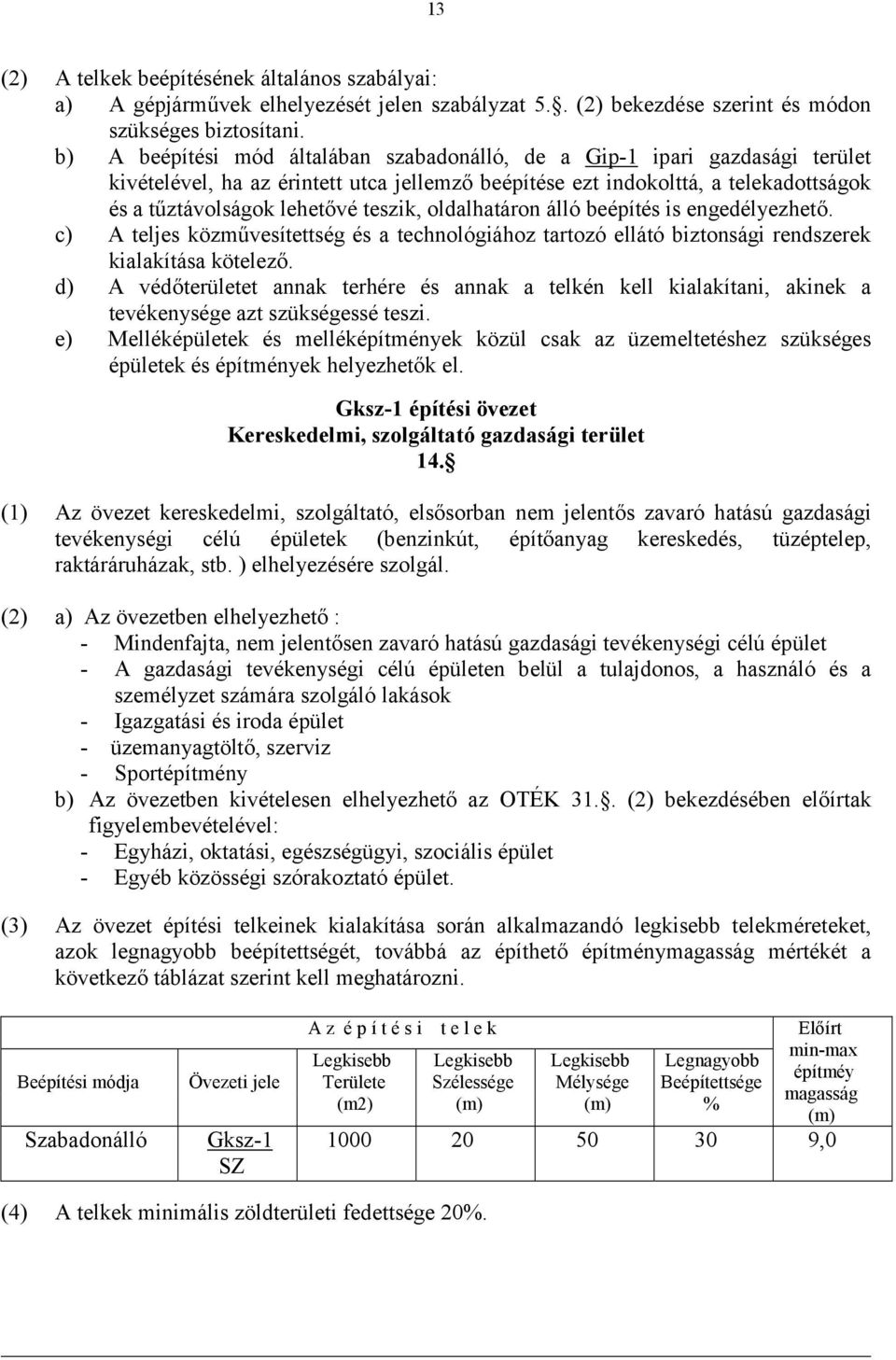 oldalhatáron álló beépítés is engedélyezhető. c) A teljes közművesítettség és a technológiához tartozó ellátó biztonsági rendszerek kialakítása kötelező.