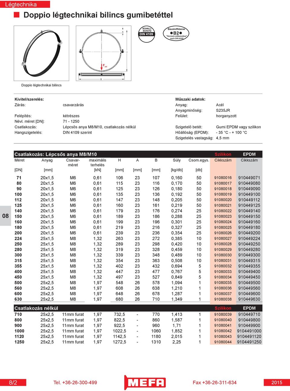 méret [DN]: 71-1250 Csatlakozás: Lépcsős anya M8/M10, csatlakozás nélkül Szigetelő betét: Gumi EPDM vagy szilikon Hangszigetelés: DIN 4109 szerint Hőállóság (EPDM): - 35 C - + 100 C Szigetelés