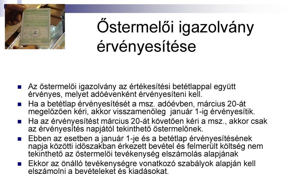 Ha az érvényesítést március 20-át követően kéri a msz., akkor csak az érvényesítés napjától tekinthető őstermelőnek.