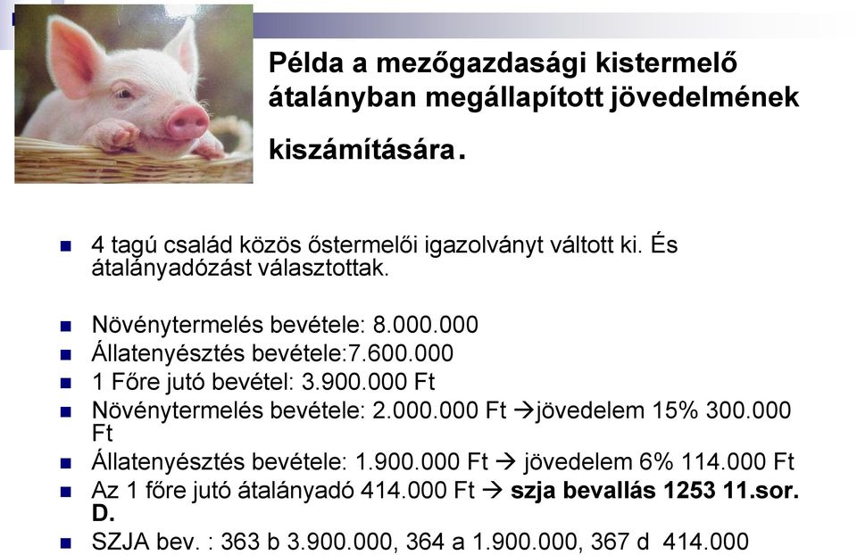 000 Állatenyésztés bevétele:7.600.000 1 Főre jutó bevétel: 3.900.000 Ft Növénytermelés bevétele: 2.000.000 Ft jövedelem 15% 300.