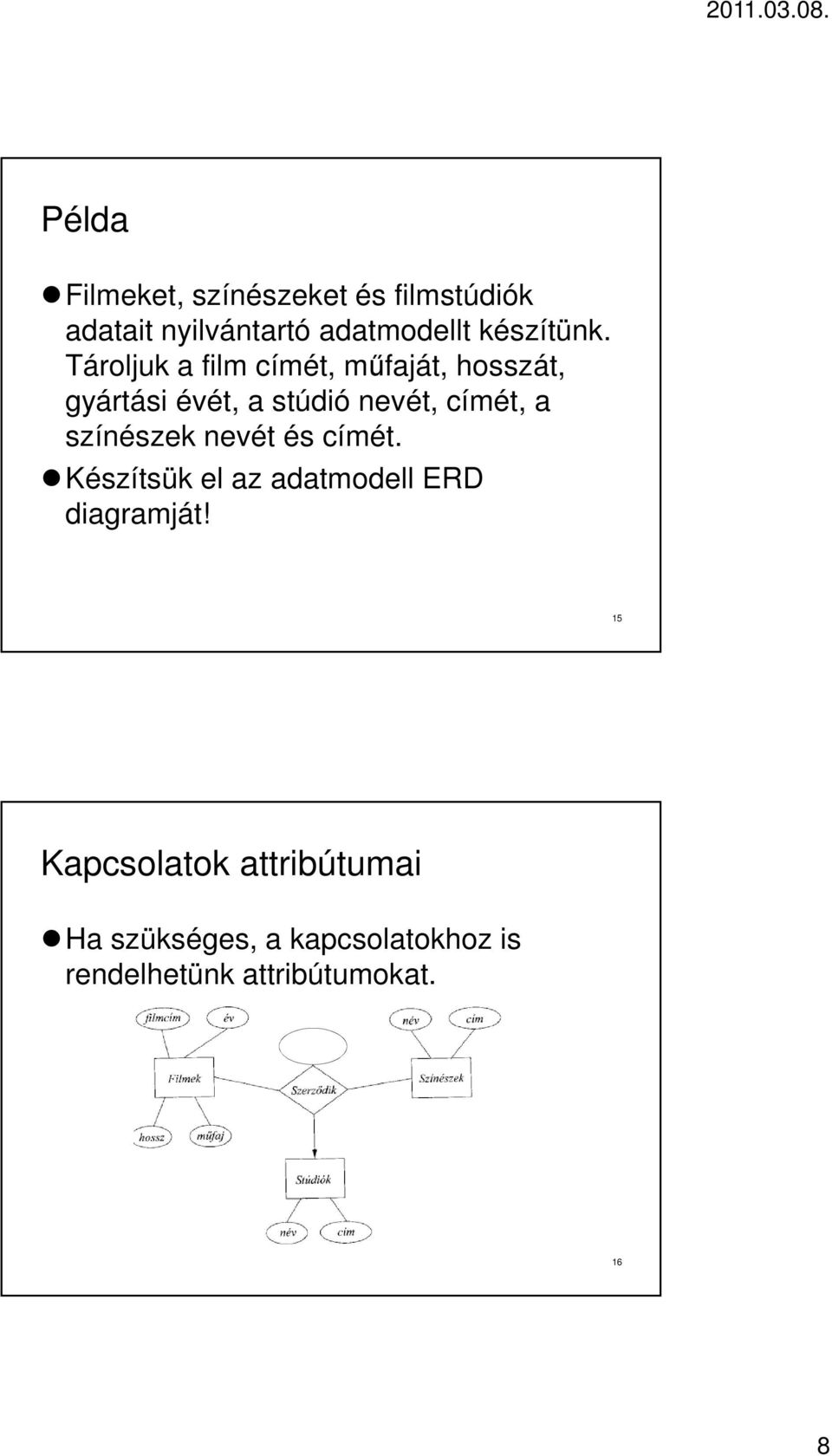 Tároljuk a film címét, műfaját, hosszát, gyártási évét, a stúdió nevét, címét, a