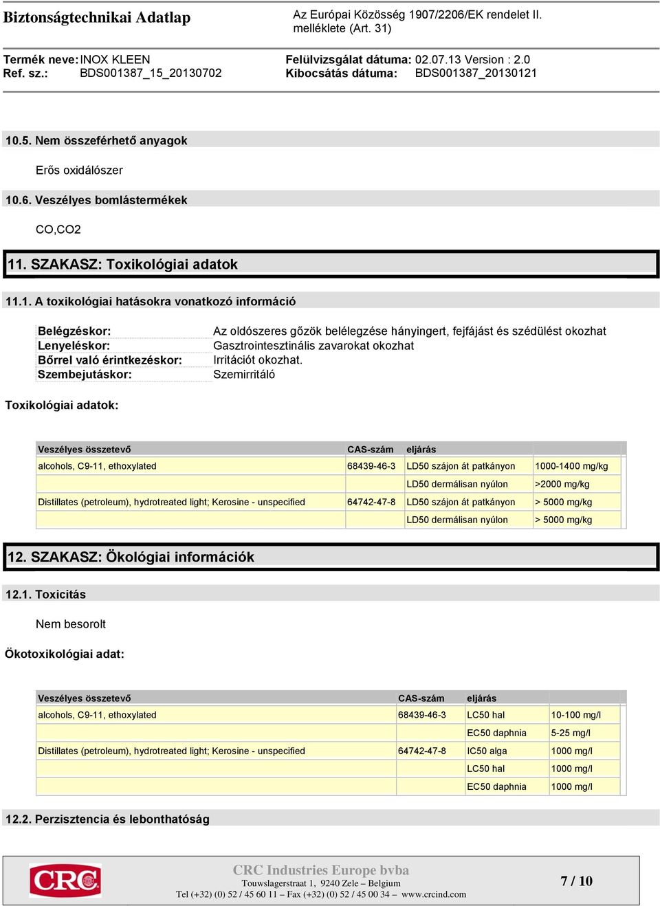 Szemirritáló Toxikológiai adatok: Veszélyes összetevő CAS-szám eljárás alcohols, C9-11, ethoxylated 68439-46-3 LD50 szájon át patkányon 1000-1400 mg/kg LD50 dermálisan nyúlon >2000 mg/kg Distillates