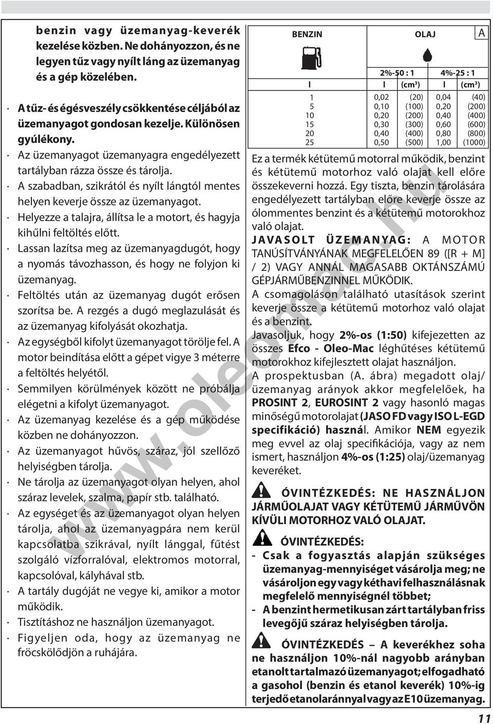 A szabadban, szikrától és nyílt lángtól mentes helyen keverje össze az üzemanyagot. Helyezze a talajra, állítsa le a motort, és hagyja kihűlni feltöltés előtt.