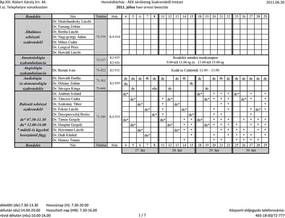 Horváth Emília du 71-301 és otoneurológia Dr. Dékány Zoltán K2 039 du szakrenlés Dr. Süveges Kinga 71-666 rdu Dr. Ambrus Szilárd * * * * * * * * Dr.