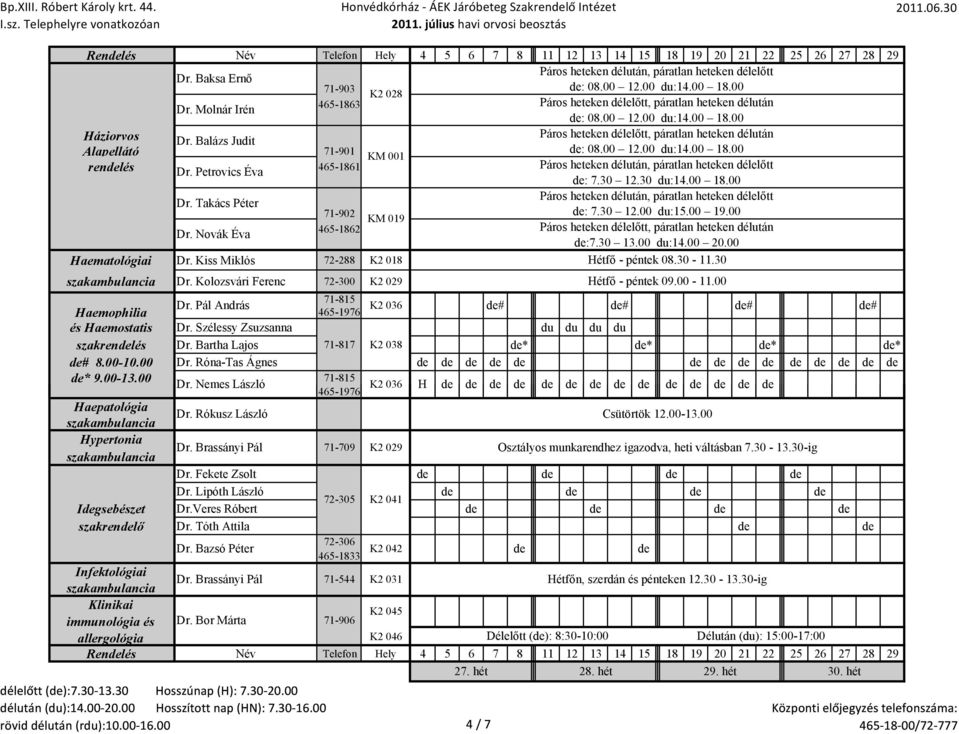 Takács Péter 71-902 : 7.30 12.00 du:15.00 19.00 KM 019 465-1862 Páros heteken délelőtt, páratlan heteken délután Dr. Novák Éva :7.30 13.00 du:14.00 20.00 Haematológiai Dr.