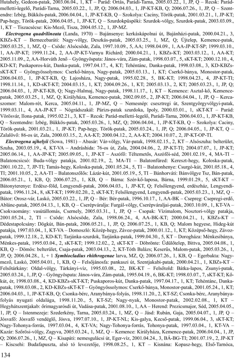 , 1, JP-KT, Q Szurdokpüspöki: Szurdok-völgy, Szurdok-patak, 2003.03.09., 1, KT Tiszacsécse: Kis-Mezõ, Tisza, 2004.05.12., 1, JP-MZ.