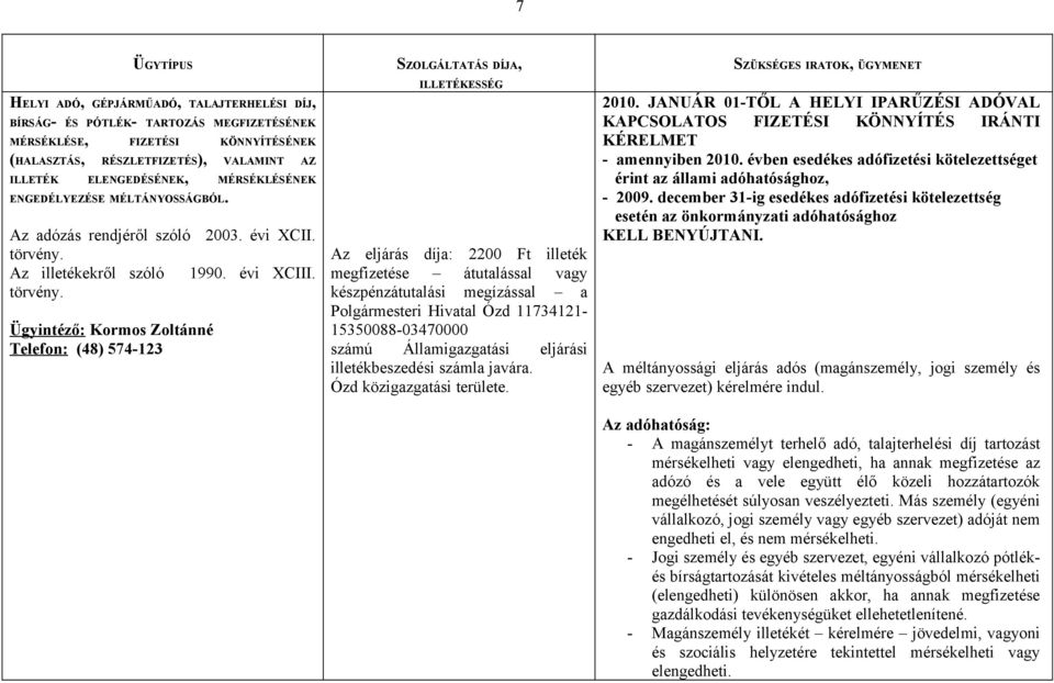 Ügyintéző: Kormos Zoltánné Telefon: (48) 574-123 SZOLGÁLTATÁS DÍJA, ILLETÉKESSÉG Az eljárás díja: 2200 Ft illeték megfizetése átutalással vagy készpénzátutalási megízással a Polgármesteri Hivatal Ózd