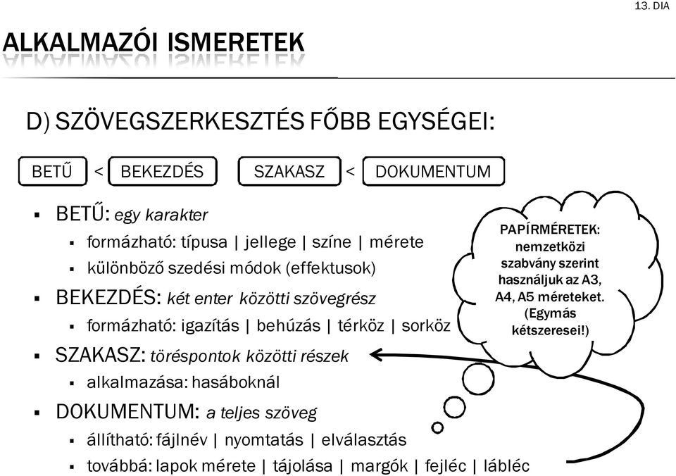 srköz SZAKASZ: töréspntk közötti részek alkalmazása: hasábknál PAPÍRMÉRETEK: nemzetközi szabvány szerint használjuk az A3, A4, A5