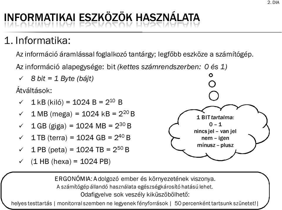 MB = 2 30 B 1 TB (terra) = 1024 GB = 2 40 B 1 PB (peta) = 1024 TB = 2 50 B (1 HB (hexa) = 1024 PB) 1 BIT tartalma: 0 1 nincs jel van jel nem igen mínusz plusz ERGONÓMIA: A