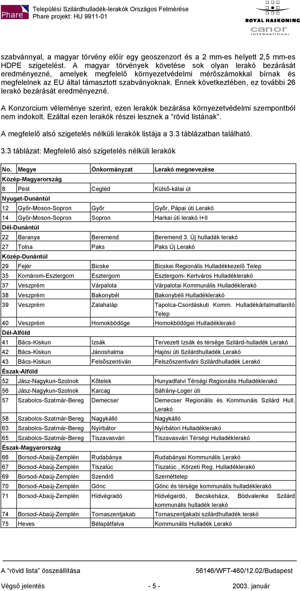 Ennek következtében, ez további 26 lerakó bezárását eredményezné. A Konzorcium véleménye szerint, ezen lerakók bezárása környezetvédelmi szempontból nem indokolt.