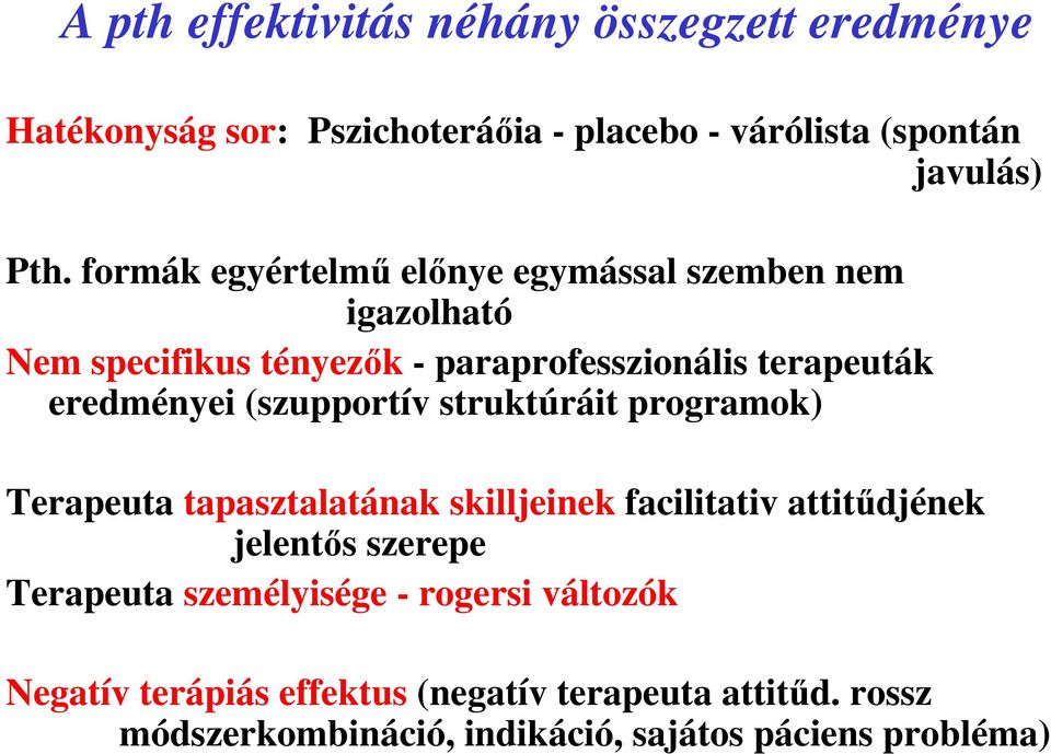 (szupportív struktúráit programok) Terapeuta tapasztalatának skilljeinek facilitativ attitűdjének jelentős szerepe Terapeuta