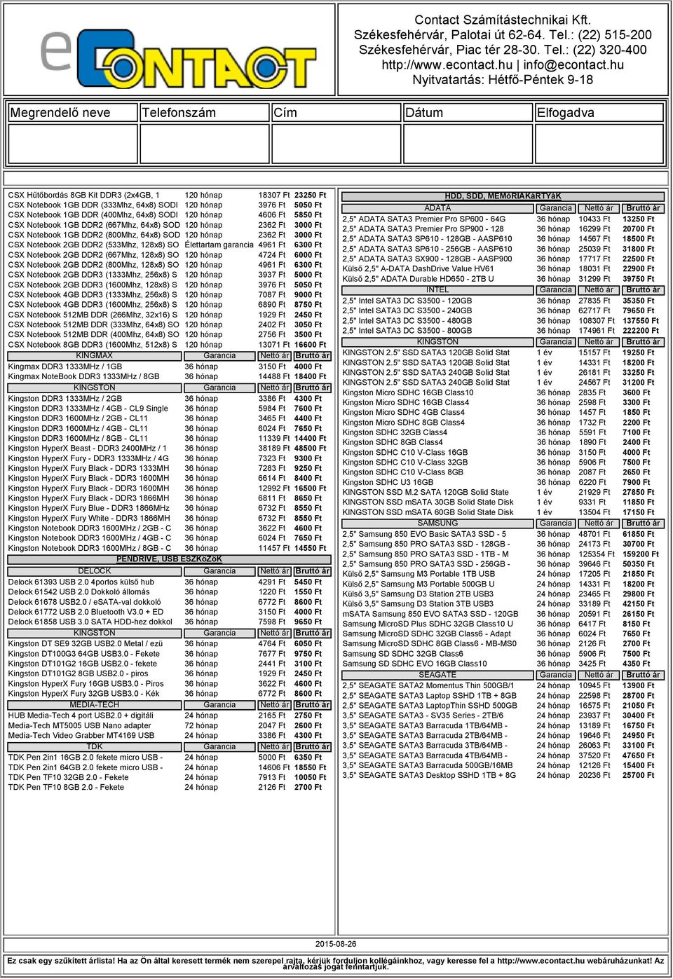 Ft CSX Notebook 2GB DDR2 (667Mhz, 128x8) SO 120 hónap 4724 Ft 6000 Ft CSX Notebook 2GB DDR2 (800Mhz, 128x8) SO 120 hónap 4961 Ft 6300 Ft CSX Notebook 2GB DDR3 (1333Mhz, 256x8) S 120 hónap 3937 Ft