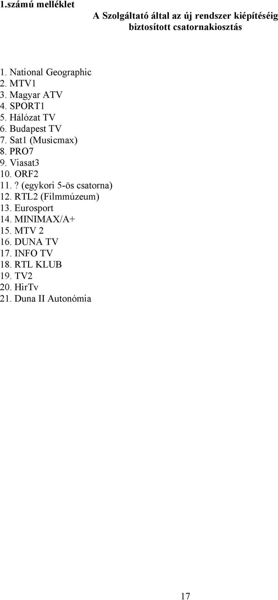 Sat1 (Musicmax) 8. PRO7 9. Viasat3 10. ORF2 11.? (egykori 5-ös csatorna) 12. RTL2 (Filmmúzeum) 13.