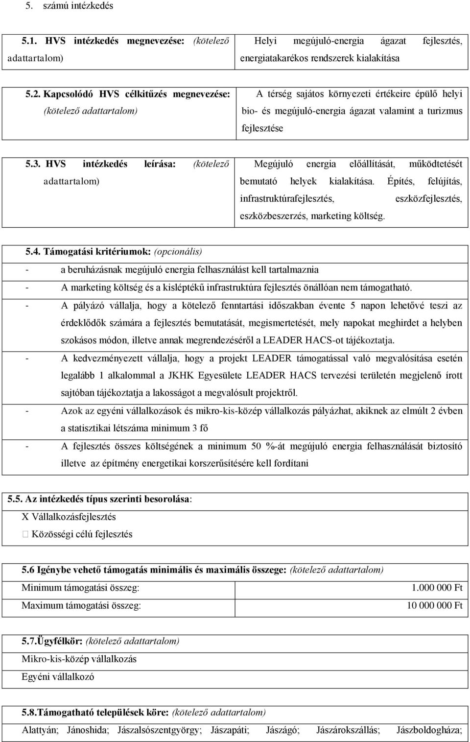 HVS intézkedés leírása: (kötelező Megújuló energia előállítását, működtetését bemutató helyek kialakítása.