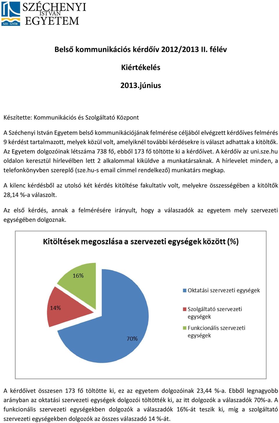 amelyiknél további kérdésekre is választ adhattak a kitöltők. Az Egyetem dolgozóinak létszáma 78 fő, ebből 7 fő töltötte ki a kérdőívet. A kérdőív az uni.sze.