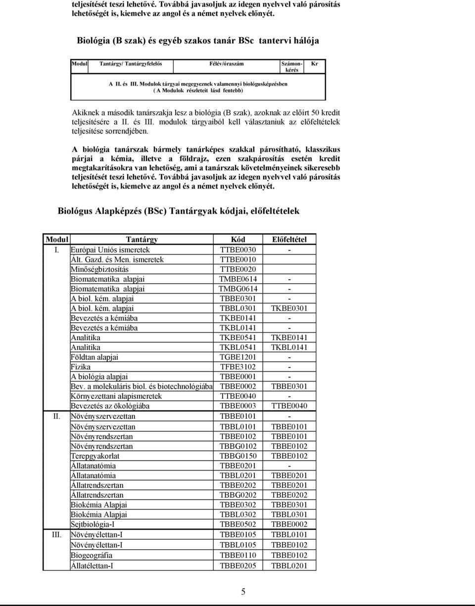 Modulok tárgyai megegyeznek valamennyi biológusképzésben ( A Modulok részleteit lásd fentebb) Akiknek a második tanárszakja lesz a biológia (B szak), azoknak az előírt 50 kredit teljesítésére a II.