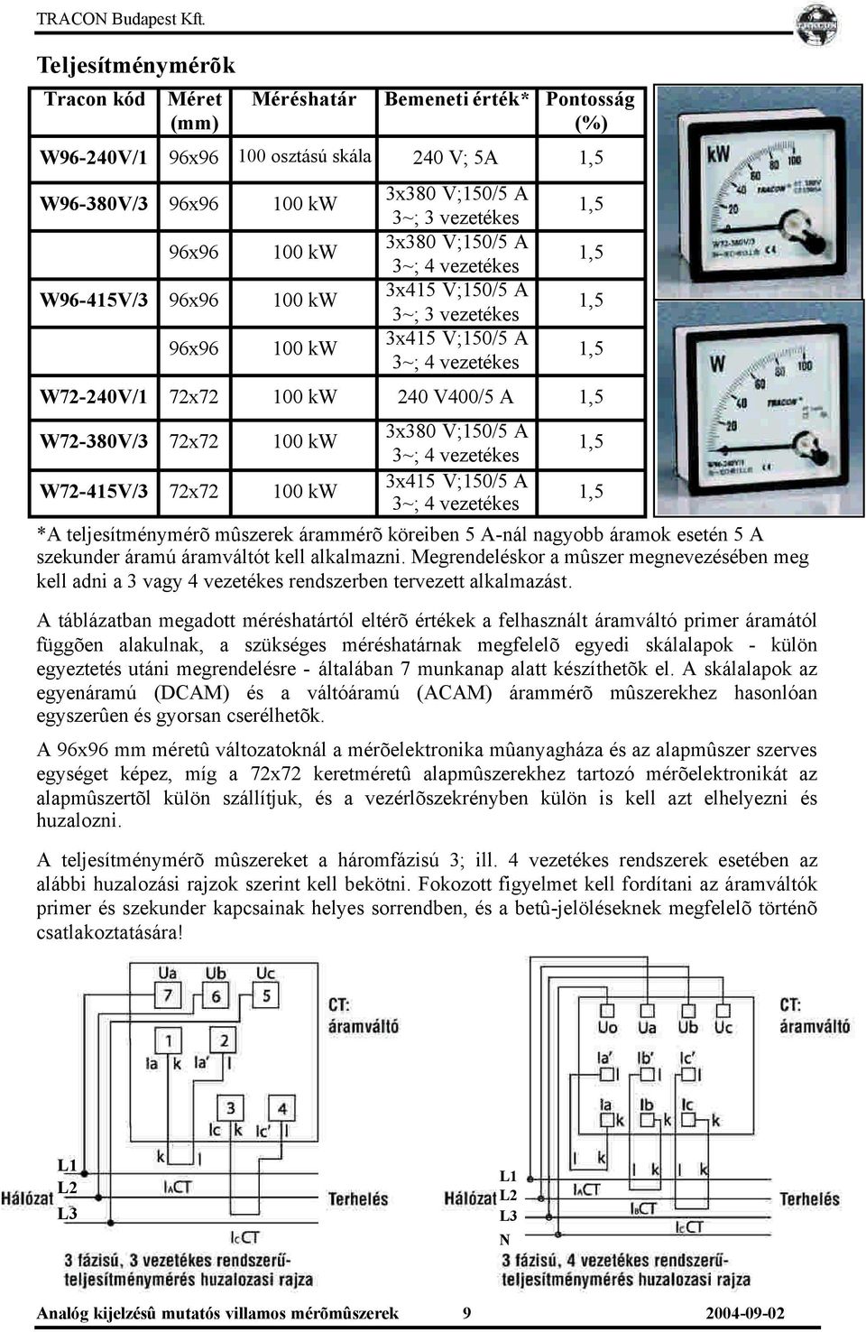 72x72 100 kw 3x380 V;150/5 A 3~; 4 vezetékes 3x415 V;150/5 A 3~; 4 vezetékes *A teljesítménymérõ mûszerek árammérõ köreiben 5 A-nál nagyobb áramok esetén 5 A szekunder áramú áramváltót kell